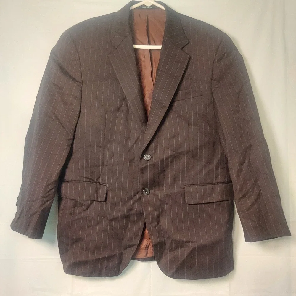 CHAPS - MEN'S BROWN PINSTRIPE WOVEN 100% WOOL BLAZER JACKET - SIZE 42S READ!‎
